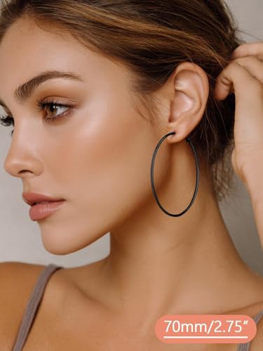 FaithHeart Silver/Black/Gold Stainless Steel Thin Hoop Earrings for Women | 2mm Wide Thin Large Hoop Earrings, Hypoallergenic Lightweight Trendy Jewelry, 20/30/40/50/60/70/80/90/100mm - color: Black, size: 70mm/2.75"