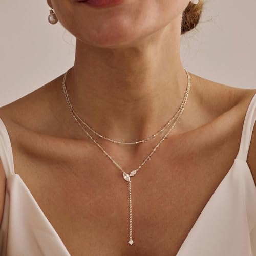 Gold Necklace for Women - Dainty Long Lariat Necklace 14K Gold Plated Clover Star Teardrop CZ Y Shaped Drop Necklaces Cute Long Necklaces for Women Trendy Prom Formal Womens Jewelry - color: Silver-Layered PJ Drop
