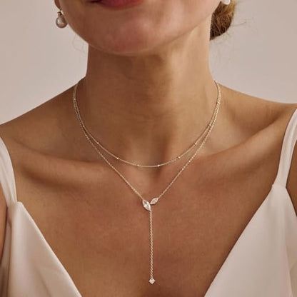 Gold Necklace for Women - Dainty Long Lariat Necklace 14K Gold Plated Clover Star Teardrop CZ Y Shaped Drop Necklaces Cute Long Necklaces for Women Trendy Prom Formal Womens Jewelry - color: Silver-Layered PJ Drop