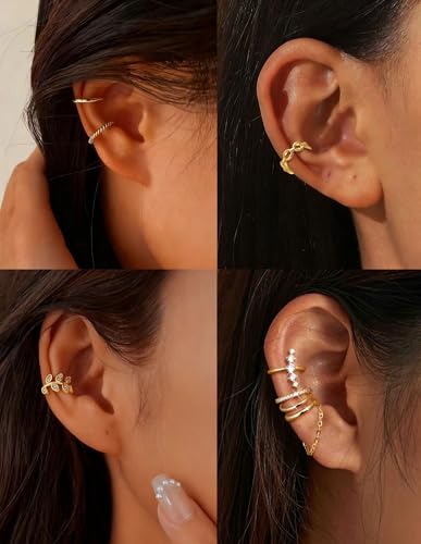 16 Pcs Ear Cuff Earrings for Women Non Piercing Gold Silver Plated Ear Cuffs Non Pierced Snake Leaf CZ Star Feather Waterdrop Chain Ears Cuff Wrap Earring Clip on Cartilage Helix Fake Earrings Lightweight Adjustable - color: Gold