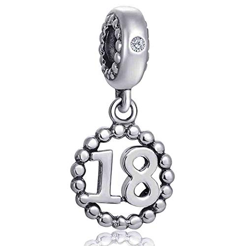 5,10,15,16,17,18,20,21,25,30,35,40,42,49,50,55,60,65,70 Number Charms for European Bracelet, 925 Sterling Silver Birthday Pendant Beads with CZ, Gifts for Mothers Day/Anniversary - color: Silver Color Number 18 Charm