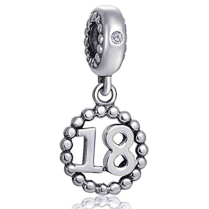5,10,15,16,17,18,20,21,25,30,35,40,42,49,50,55,60,65,70 Number Charms for European Bracelet, 925 Sterling Silver Birthday Pendant Beads with CZ, Gifts for Mothers Day/Anniversary - color: Silver Color Number 18 Charm