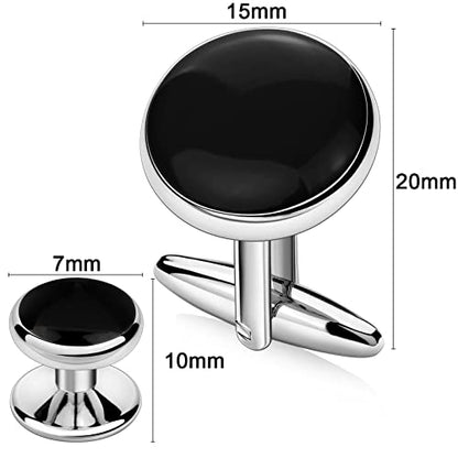 AMITER Men’s Cufflinks and Tuxedo Studs Set, Suitable for Black Suit White Shirts on Wedding, Anniversary, Birthday - color: Solid Black+silver color