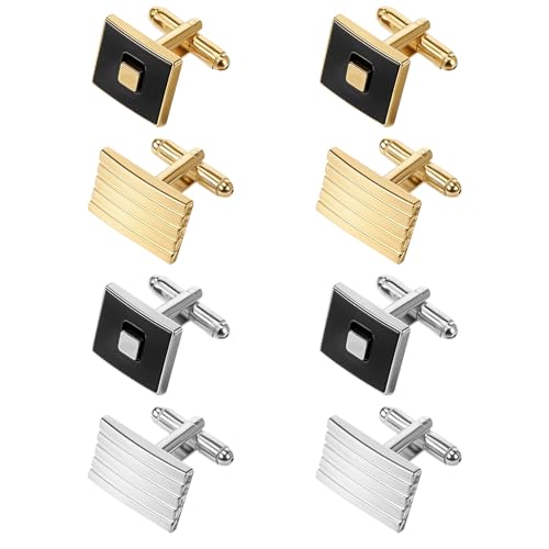 COMNICO 4 Pairs Cufflinks for Men Classic Tone Cuff Links Fashion Men Cufflinks Gold/Sliver Striped Disc Square Rectangle Cuff Links for Business Wedding Party Gift Box - color: square glod silver