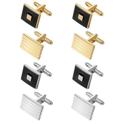 COMNICO 4 Pairs Cufflinks for Men Classic Tone Cuff Links Fashion Men Cufflinks Gold/Sliver Striped Disc Square Rectangle Cuff Links for Business Wedding Party Gift Box - color: square glod silver