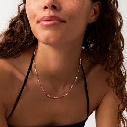 MTMY Beaded Gemstone Choker Necklace for Women | 14K Gold Plated, Colorful Natural Stone, Bead Chain, Boho Summer Beach, Handmade Jewelry - color: Ruby