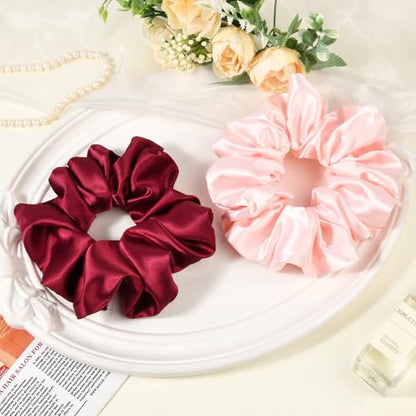 2 PCS Burgundy Pink Jumbo Satin Silky Scrunchies 6.5 Inches Oversized Scrunchie Extra Large Big Hair Ties Ponytail Holder for Thick Curly Hair Women (Burgundy, Pink) - color: Burgundy, Pink