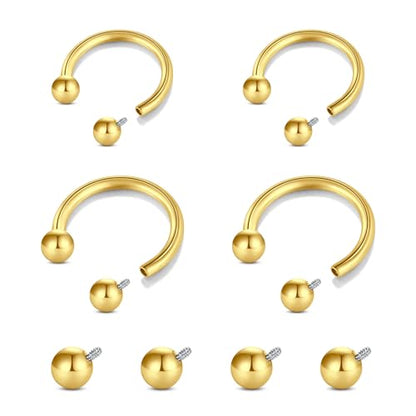 Longita Internally Threaded Septum Ring Silver Black Gold Septum Rings 16G Septum Piercing Surgical Steel Septum Jewelry Septum Nose Rings 16 Gauge Small Septum Ring Horseshoe with Replacement Balls - color: B3-gold-8+10mm
