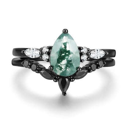 Moss Agate Bridal Wedding Rings Set for Women 925 Sterling Silver | Plated Platinum/Black Gold, Gothic, Vintage, Engagement Promise Ring, Anniversary Valentine Day Birthday Gift for Her - style: Black Gold Plating Cluster Ring