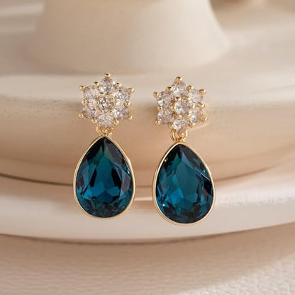 Elegant Austrian Crystal Teardrop Dangle Earrings for Women,14K Gold Plated Flower Drop Earrings Jewelry Gift for Birthday Wedding Anniversary - color: Denim Blue