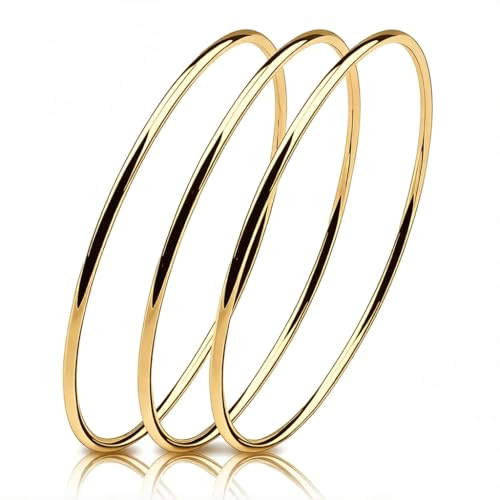 Solid 925 Sterling Silver 2mm Polished Circle Bangles | Minimalist Three-Ring Stacking Bracelet for Women, 7.5" 8" 8.5" - color: 18K Gold-Plated, size: 8"