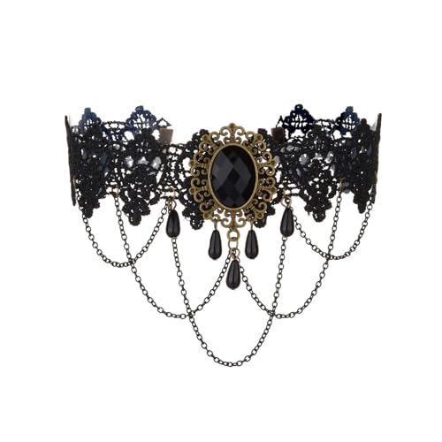 PINK TOWN Gothic Lace Choker Necklace for Women,Vintage Red Black Crystal Pendant Necklaces Punk Style Vampire Necklace Hollowed Out Layer Necklaces Halloween Jewelry Accessories - color: Black