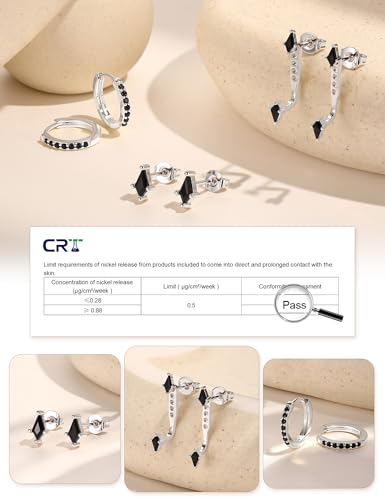 3 Pairs Stackable Kite Stud Earrings Set for Women Trendy | Dainty Birthstone Stud Gold & 925 Sterling Silver Huggie Hoop Jacket Stack Earrings for Women 2026 - color: Silver-Black Diamond