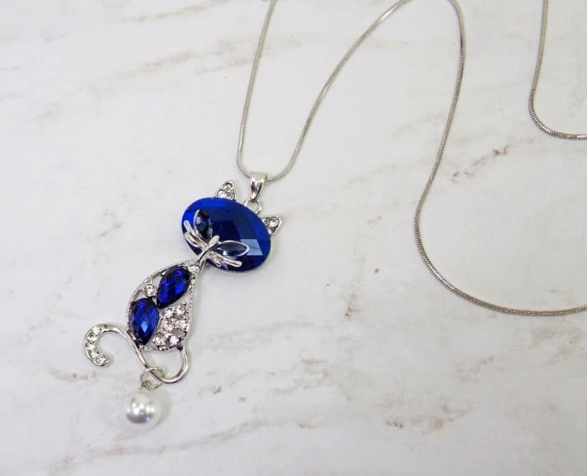 Blue Crystal Cat Pendant Necklace for Women – Large Sparkling Rhinestone with Moving Pearl, Long Silver Tone Snake Chain, Cat Lover Gift Fashion Statement Jewelry