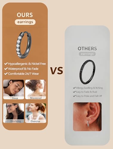 316L Surgical Steel Huggie Hoop Earrings | Dainty Pave Cubic Zirconia Cartilage Tiny Earring for Sensitive Ears Hypoallergenic Lightweight for Women Men - style: Black,18G*8/10/12mm
