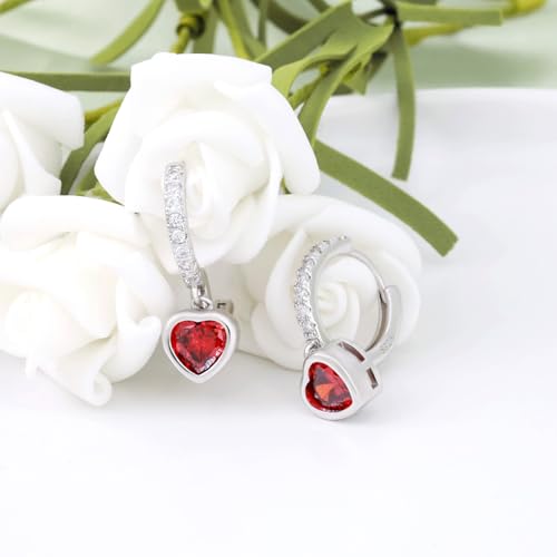 Heart Hoop Earrings with Dangle Sterling Silver Love Heart-Shaped Loop Earrings for Women Hypoallergenic Sparkle Birthstone Cubic Zirconia Hoop Earring with Dangling Charms Dainty Fashion Jewelry Gift - color: Red