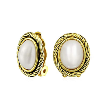 Classic White Faux Pearls Button Bezel Twist Rope Cable Clip-On Earrings For Women Oxidized 14K Yellow Gold Plated