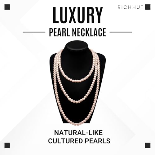 Women's Long Pearl Necklace - Natural Cultured Pearls - Luxurious 8mm Strand Pearls - 1920s Timeless Elegance - Great for Wives, Girlfriends, Sisters, and Besties - Length 60In/71In - color: Cream White, size: 60In