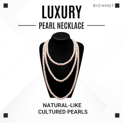 Women's Long Pearl Necklace - Natural Cultured Pearls - Luxurious 8mm Strand Pearls - 1920s Timeless Elegance - Great for Wives, Girlfriends, Sisters, and Besties - Length 60In/71In - color: Champagne Gold, size: 71In