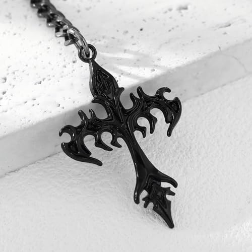 Slip Chain Choker for Women Handmade Black Stainless Steel Cuban Chain Chunky Moon Bat Raven Skull Pendant Gothic Punk Rock Collar Adjustable Lariat Y Necklace for Men - style: Black flame cross