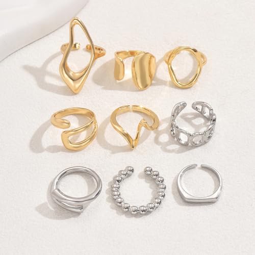 9Pcs Dainty Chunky Gold Knuckle Rings Set Stackable for Women, Statement Thick Hollow Oval Huggie Wavy Mixed Metal Joint Midi Finger Open Ring Pack Jewelry