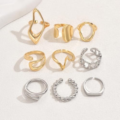 9Pcs Dainty Chunky Gold Knuckle Rings Set Stackable for Women, Statement Thick Hollow Oval Huggie Wavy Mixed Metal Joint Midi Finger Open Ring Pack Jewelry