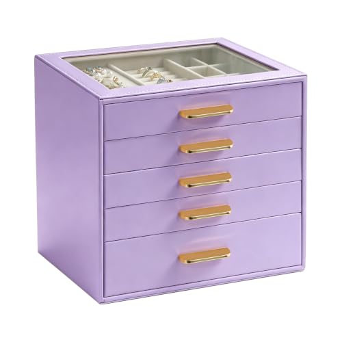 Homeanda Glass Lid Jewelry Boxes for Women, 5-Layer PU Leather Organizer with 4 Drawers, Display Storage for Rings Necklaces Earrings Bracelets Watches, Gift for Wife and Girls (Lavender Purple) - color: Lavender Purple, size: 5 Layer (9.7"D x 8"W)