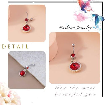 Silver Belly Button Ring Crystal Spider Dangle Belly Ring Sparkly Cubic Zirconia Insect Navel Ring Surgical Steel Belly Navel Piercing Jewelry for Women Girls - style: ruby