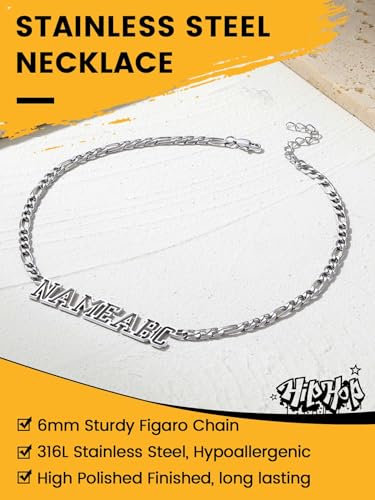 GoldChic JEWELRY Name Necklace Personalized for Men, Womens Custom Name Plate Chain, Stainless Steel Customized Old English Nameplate Choker with Curb Chains Custom, 16 inches to 30 inches - color: Figaro Chain 6 mm - Steel