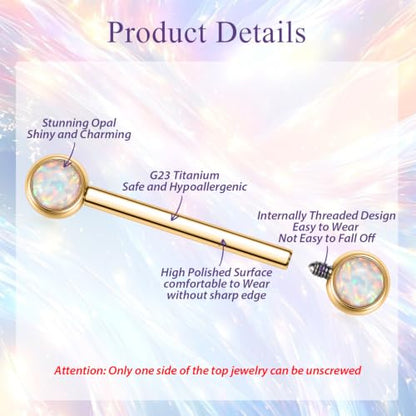 FUNLMO 2pcs Nipple Piercing Jewelry Titanium Nipple Rings Internally Threaded Tongue Rings Bridge Piercing Jewelry Nipple Barbells 14G 12-20mm - color: Gold,White Opal