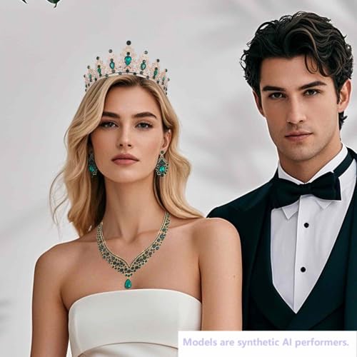 Kamirola Bridal Wedding Tiara Crown Jewelry Set for Women/Brides/Bridesmaids Crystal Jewelry Set for Wedding Prom Party Bridal Crystal Necklace Earrings Bracelet Set(TR60) - color: Gold Green