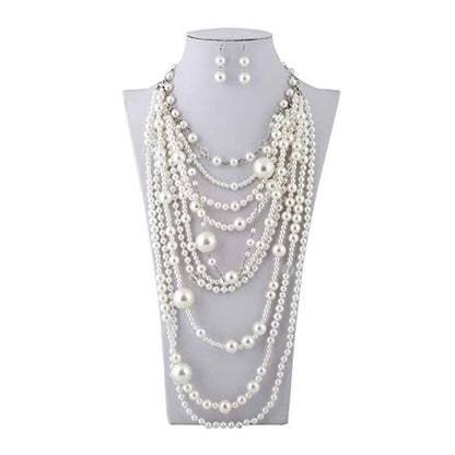 Multilayer Strand Chain Faux Pearls Flapper Beads Cluster Long Choker Necklace - color: Silver White Necklace+Pierced Earrings
