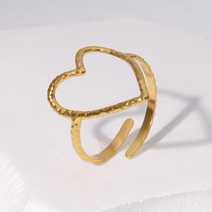 Hollow Heart Titanium Steel Ring for Women Open heart shaped stainless steel ring Irregular Hammered Heart Adjustable index finger Ring - color: gold