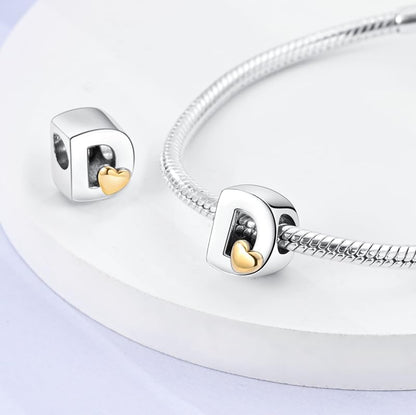 Women 925 Sterling Silver Charms A-Z Heart Letters Beads Pendant for Bracelets Women Fit Pandora Bracelets Hypoallergenic Beads - color: D