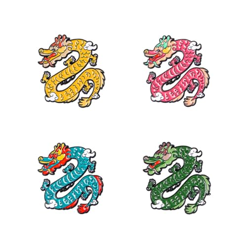4pcs Chinese Dragon Enamel Lapel Pin Set, Dragon ChineseZodiac Style Traditional Design Red Yellow Pink Blue Green - color: PINK