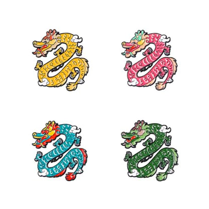 4pcs Chinese Dragon Enamel Lapel Pin Set, Dragon ChineseZodiac Style Traditional Design Red Yellow Pink Blue Green - color: PINK