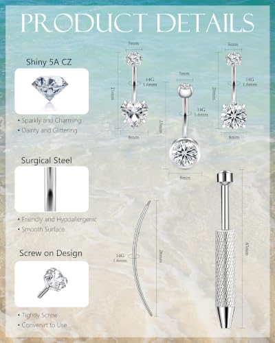 ONESING 14G Belly Button Rings Hypoallergenic Surgical Stainless Steel Belly Rings for Women Round Heart Teardrop Cubic Zirconia 12MM Navel Piercing Jewelry Barbell Studs with Tools - color: Silver A-14G