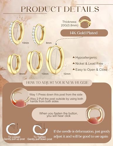 Jstyle Small Gold Hoop Earrings for Women, CZ/Plain Hoops Earring Stacks | Hypoallergenic Earing Hoops for Sensitive Ears, Secure Clasps, Huggie Earrings Stack Set for Cartilage, 14K Gold/Silver/Black - color: 14K Gold Plated