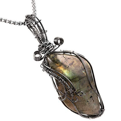 TUMBEELLUWA Handmade Copper Wire Wrapped Labradorite Necklace for Women Men | Irregular Shape, Third Eye Chakra, Enhances Intuition & Spiritual Awareness, 19.86" Stainless Steel Chain, Daily Wear - style: #3 Style 4