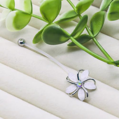 VERAMI 14G 38mm Pregnancy Belly Button Rings Flexible Bioplast Long Bar Flower Belly Rings for Maternity Clear Navel Piercing Retainer - color: Silver-white flower