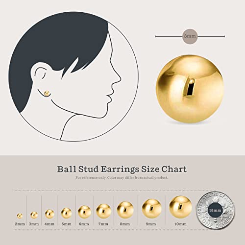 KEZEF 925 Sterling Silver Ball Stud Earrings for Women, 2mm to 10mm | Nine Bead Sizes, Three Finishes, Hypoallergenic Nickel Free Post, Butterfly Push Back, Sold As One Pair - color: 14k Yellow Gold, size: 8mm