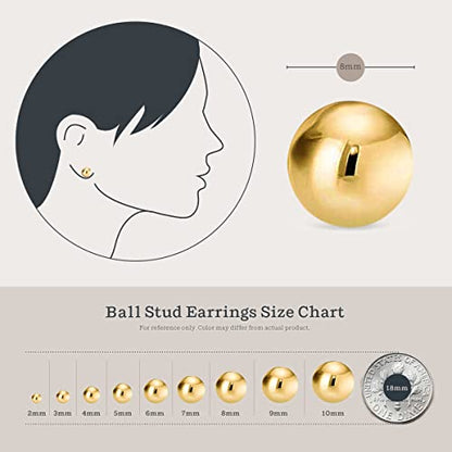 KEZEF 925 Sterling Silver Ball Stud Earrings for Women, 2mm to 10mm | Nine Bead Sizes, Three Finishes, Hypoallergenic Nickel Free Post, Butterfly Push Back, Sold As One Pair - color: 14k Yellow Gold, size: 8mm