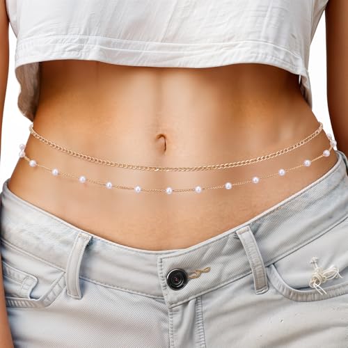 Plated Waist Chain Jewelry for Women, 4pcs Layered Belly Chain with Satellite Beads, Non Tarnish Body Chains, Adjustable Waterproof Sexy Bikini Beach Accessories Pearl Belts, 2 Silver & 2 Gold