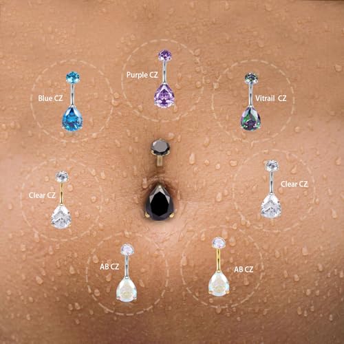AROWRO Gold Belly Button Ring G23 Titanium Hypoallergenic 14G belly ring for Women Men Teardrop Navel Piercing Jewelry 10mm Barbell With Cubic Zircon - color: Gold+Teardrop Black CZ