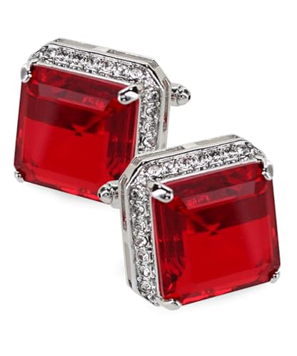 Large Big Square Crystal Color Stone Cuff Links for Men – Tuxedo Suit Accessories, Cufflinks for Men - style: Red/Silver