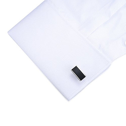 HONEY BEAR Silver Black Rectangle Cufflinks Tie Clips Set for Men Wedding | Business, Tarnish-Resistant, Steel-Plated Copper Base, Gift Box, for Groomsmen, Father, Husband, Anniversary, Formal Events