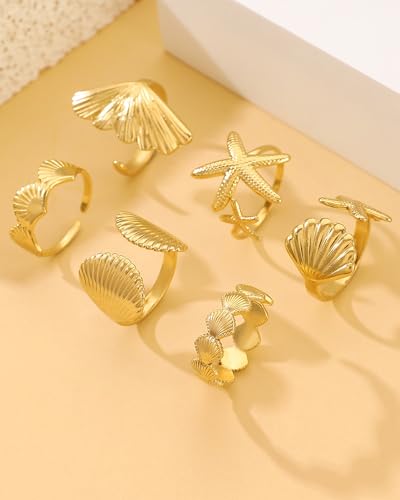 Chunky Gold Shell Starfish Ring Set for Women Trendy Gold Flower Scallop Seashell Starfish Gemstone Rings Adjustable Stacking Statement R-ings Non Tarnish Spring Summer Jewelry Accessories - color: A5:6 pcs