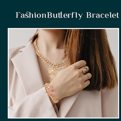 3 Pcs Butterfly Cuban Jewelry Set Cuban Link Chain Necklace for Women Rhinestone Pendant Necklace Bracelet Large Hoop - color: Pink, Gold, style: Classic