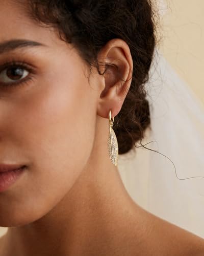 14K Gold Plated/Sterling Silver CZ Pearl Drop Dangle Earrings for Women - color: Gold-Leaf CZ