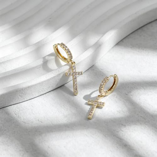NEWITIN CZ Cross Earrings for Men Women 14K Gold Plated Huggie Hoop Earring | Hypoallergenic, 5A+ Cubic Zirconia, Cartilage Earring, Sensitive Ears, Silver Gold, Men Hoops Dangling, Cross Diamond Earring - color: Gold B